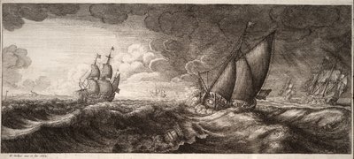 Een jacht en drie oorlogsschepen in een storm. Staat 1 door Wenceslaus Hollar